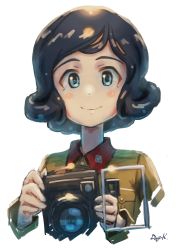 Rule 34 | 1girl, artist name, black eyes, black hair, brown jacket, camera, chi-hatan military uniform, closed mouth, commentary, cropped torso, curly hair, girls und panzer, highres, holding, holding camera, jacket, kuroneko douji, long sleeves, looking at viewer, military, military uniform, short hair, signature, simple background, single-lens reflex camera, sketch, smile, solo, teramoto tomiko, uniform, upper body, white background