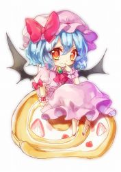 Rule 34 | 1girl, ascot, bad id, bad pixiv id, bat wings, blue hair, blush, brooch, cake, chibi, dress, finger to mouth, food, food on face, fruit, hat, jewelry, kyouda suzuka, looking at viewer, mini person, minigirl, mob cap, remilia scarlet, simple background, sitting, sitting on object, solo, strawberry, strawberry swiss roll, swiss roll, touhou, wings, wrist cuffs