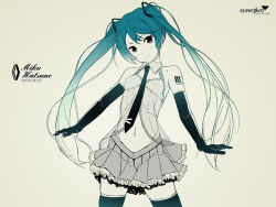 Rule 34 | 1girl, aqua hair, artist name, ayase (ayasegiken), bare shoulders, blush, character name, cleavage cutout, clothing cutout, covered erect nipples, elbow gloves, flat chest, gloves, gradient background, gradient hair, groin, hair ornament, halterneck, hatsune miku, head tilt, high collar, lace, lace-trimmed skirt, lace trim, light smile, long hair, looking at viewer, low twintails, lowleg, midriff, miniskirt, monochrome, multicolored hair, navel, necktie, open clothes, open shirt, pleated skirt, see-through, shirt, simple background, skirt, smile, solo, spot color, tattoo, thighhighs, twintails, very long hair, vocaloid, zettai ryouiki