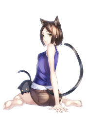 Rule 34 | 1girl, animal ears, bad id, bad pixiv id, bare shoulders, barefoot, blush, brown hair, cat, cat ears, cat tail, looking at viewer, looking back, original, short hair, shorts, sitting, smile, soles, solo, tail, unowen, wariza