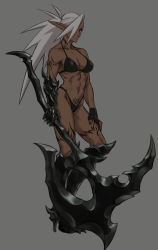Rule 34 | 1girl, abs, armor, axe, bikini, bow (weapon), breasts, cleavage, collarbone, commentary request, dark-skinned female, dark elf, dark skin, drill (emilio), ear piercing, elf, fingerless gloves, full body, gauntlets, gloves, grey background, hair over one eye, high heels, highres, holding, holding axe, holding weapon, leg armor, leg tattoo, long hair, looking at viewer, medium breasts, midriff, navel, neck tattoo, neytharone (drill (emilio)), original, piercing, pointy ears, ponytail, pubic tattoo, red eyes, simple background, solo, standing, swimsuit, tattoo, weapon, white hair