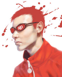 Rule 34 | 1boy, cyprian chomicki, jacket, male focus, original, red hair, solo, sunglasses, upper body, white background