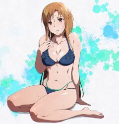 Rule 34 | 1girl, absurdres, arm support, asuna (sao), bare arms, bare legs, bare shoulders, barefoot, bikini, blue bikini, blush, braid, breasts, brown eyes, brown hair, cleavage, collarbone, commentary request, female focus, frilled bikini, frills, full body, hand on own chest, hand up, highres, long hair, long legs, looking at viewer, medium breasts, navel, parted lips, puge, sitting, solo, stomach, swimsuit, sword art online, thighs, very long hair, wet