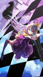 Rule 34 | 10s, 1girl, black thighhighs, blonde hair, blue hair, bug, butterfly, card, crown, dress, gradient hair, green hair, highres, insect, long bangs, long hair, looking at viewer, multicolored hair, no game no life, orange eyes, petals, pink hair, playing card, purple dress, purple thighhighs, red eyes, school uniform, shiro (no game no life), signature, silver hair, sitting, solo, swd3e2, thighhighs, very long hair, wariza