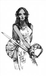 Rule 34 | 1girl, alternate costume, chai xianghua, china dress, chinese clothes, concept art, dress, greyscale, hair tubes, hand fan, jian (weapon), long hair, looking at viewer, monochrome, namco, official art, open mouth, side slit, solo, soul calibur, soulcalibur, soulcalibur iv, sword, thighhighs, weapon
