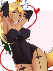 Rule 34 | 1girl, adapted costume, armpits, arms behind head, arms up, artist request, bare shoulders, black gloves, black leotard, blonde hair, blue eyes, blue gemstone, blush, bowsette, breasts, c:, cleavage, closed mouth, collarbone, covered erect nipples, covered navel, crown, dark-skinned female, dark skin, earrings, elbow gloves, empty eyes, female focus, from below, garter straps, gem, gloves, hair between eyes, heart, highres, horns, jewelry, large breasts, legs, leotard, lips, long hair, looking at viewer, mario (series), monster girl, neck, new super mario bros. u deluxe, nintendo, ponytail, shell, smile, smug, solo, spiked shell, spiked tail, spikes, standing, strapless, strapless leotard, super crown, super mario bros. 1, tail, turtle shell, white horns