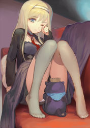 Rule 34 | 1girl, bad id, bad pixiv id, black dress, blonde hair, blue eyes, convenient censoring, couch, dress, feet, grey thighhighs, hairband, kamiyugi ayase, long hair, necktie, no shoes, panties, rubbing eyes, sitting, solo, thighhighs, toes, underwear, washi no tosaka, white panties, z/x
