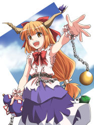Rule 34 | 1girl, :d, bow, bowtie, brown eyes, chain, cuffs, female focus, gourd, hair bow, horn ornament, horn ribbon, horns, ibuki suika, long hair, matching hair/eyes, open mouth, orange eyes, orange hair, outstretched arm, outstretched hand, ribbon, rimibure, shackles, shirt, sleeveless, sleeveless shirt, smile, solo, touhou, wrist cuffs