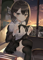 Rule 34 | 1girl, absurdres, backlighting, black hair, black jacket, black skirt, black thighhighs, breasts, brown eyes, buttons, chair, collared shirt, crossed legs, diffraction spikes, dress shirt, frown, hair ornament, hairclip, highres, indoors, jacket, long hair, long sleeves, looking at viewer, medium breasts, miniskirt, neck ribbon, off shoulder, open clothes, open jacket, original, parted lips, pleated skirt, ribbon, school chair, shirt, sitting, skirt, solo, sunlight, sunset, thighhighs, thighs, white shirt, window, zettai ryouiki, zukan (db tyoutyo)