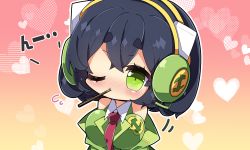 Rule 34 | 1girl, bare shoulders, black hair, blush, breasts, chibi, closed mouth, collared shirt, commentary request, food, food in mouth, green eyes, green jacket, green vest, hair between eyes, headphones, headset, highres, jacket, kyoumachi seika, large breasts, looking at viewer, milkpanda, mouth hold, necktie, nose blush, off shoulder, one eye closed, pocky, red necktie, shirt, short eyebrows, solo, thick eyebrows, vest, voiceroid, white shirt