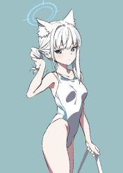 Rule 34 | 1girl, animal ears, blue archive, blue background, blue eyes, blush, breasts, competition swimsuit, cowboy shot, expressionless, extra ears, halo, highleg, highleg swimsuit, highres, limited palette, looking at viewer, medium hair, mismatched pupils, one-piece swimsuit, shiroko (blue archive), shiroko (swimsuit) (blue archive), simple background, sketch, small breasts, solo, swimsuit, u0w0v, wolf ears