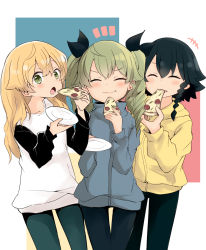 Rule 34 | +++, 3girls, :t, anchovy (girls und panzer), barashiya, black hair, black pants, black ribbon, blonde hair, blue jacket, blue pants, braid, carpaccio (girls und panzer), casual, closed eyes, closed mouth, commentary, drill hair, eating, facing viewer, food, food in mouth, girls und panzer, green eyes, green hair, hair ribbon, highres, holding, holding food, holding saucer, jacket, long hair, long sleeves, looking at viewer, multicolored background, multiple girls, notice lines, open mouth, pants, pepperoni (girls und panzer), pizza, raglan sleeves, ribbon, saucer, shirt, short hair, side-by-side, side braid, smile, standing, twin drills, twintails, white shirt, yellow jacket