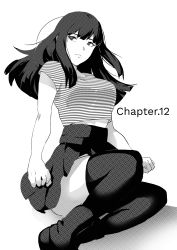 Rule 34 | 1girl, absurdres, black eyes, black hair, blunt bangs, boots, breasts, commentary, crop top, english commentary, eyebrows, greyscale, hair strand, highres, long hair, looking to the side, lynus, medium breasts, midriff, midriff peek, monochrome, original, simple background, sitting, skirt, solo, striped, thighhighs, thighs, white background
