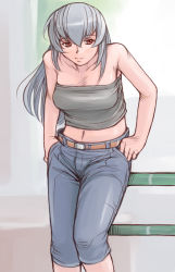 Rule 34 | 00s, 1girl, belt, breasts, casual, denim, jeans, large breasts, long hair, midriff, aged up, pants, rozen maiden, silver hair, solo, strapless, suigintou, tsuda nanafushi, tube top