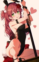 Rule 34 | 1girl, :q, absurdres, alternate costume, animal ears, arm strap, black leotard, blush, breasts, chained wrists, detached collar, ear piercing, fake animal ears, feet out of frame, flower, green eyes, hair flower, hair ornament, hairclip, heart, highres, holding, holding pole, hololive, leotard, long hair, looking at viewer, medium breasts, piercing, playboy bunny, pole, pom pom (clothes), pom pom hair ornament, rabbit ears, rabbit tail, raised eyebrows, red flower, red hair, red rose, rose, sakura miko, sideboob, solo, squatting, stripper pole, sweat, sy4, tail, thighs, tongue, tongue out, virtual youtuber