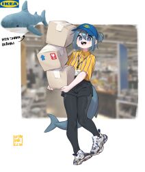 Rule 34 | 1girl, absurdres, black pantyhose, black shorts, blue eyes, blue footwear, blue hair, blue hat, blurry, blurry background, blush, box, bright pupils, cardboard box, carrying, collared shirt, commentary, dot nose, english commentary, english text, fins, fish tail, full body, hair between eyes, hat, highres, holding, holding box, id card, ikea, ikea shark, indoors, knifecat, lanyard, looking at viewer, medium hair, mixed-language commentary, multicolored footwear, one side up, open mouth, original, pantyhose, pantyhose under shorts, photo background, photo inset, polo shirt, shark girl, shark tail, sharp teeth, shirt, shoes, short sleeves, shorts, sidelocks, signature, smile, sneakers, solo, standing, striped clothes, striped shirt, stuffed animal, stuffed shark, stuffed toy, sweat, swedish commentary, swedish text, tail, teeth, thick eyebrows, vertical stripes, visor cap, white background, white footwear, white pupils, yellow shirt
