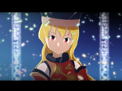 Rule 34 | 1girl, blonde hair, cato (monocatienus), commentary request, detached sleeves, hat, letterboxed, long hair, looking at viewer, matara okina, pillarboxed, red eyes, smile, solo, touhou