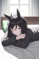 Rule 34 | 1girl, absurdres, ahoge, alternate costume, anima miko, animal ears, bed, bed sheet, black hair, black pajamas, blue eyes, blush, closed mouth, commentary request, crossed arms, curtains, ear ornament, eishin flash (umamusume), hair between eyes, highres, horse ears, horse girl, lying, messy hair, on bed, on stomach, pajamas, pillow, short hair, smile, solo, umamusume, upper body