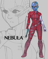 Rule 34 | 1girl, animification, bald, black eyes, blue skin, bodysuit, boots, character name, colored skin, facial mark, full body, grey background, guardians of the galaxy, gun, highres, marvel, marvel cinematic universe, mechanical arms, nebula (gotg), single mechanical arm, solo, standing, weapon