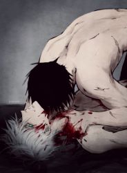 Rule 34 | 2boys, absurdres, back, black hair, bleeding, blood, blood on hands, blue eyes, boy on top, closed eyes, commentary, cuts, english commentary, eyelashes, fushiguro touji, gojou satoru, hair between eyes, hands on another&#039;s neck, head tilt, highres, injury, jujutsu kaisen, looking at viewer, lying, male focus, mature male, multiple boys, muscular, muscular male, pants, parted lips, saucybrtt, short hair, topless male, white hair, yaoi