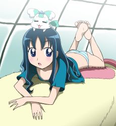 Rule 34 | 10s, 1girl, ass, barefoot, blue eyes, blue hair, blush, coffret (heartcatch precure!), coupe (heartcatch precure!), downblouse, feet, feet together, heartcatch precure!, highres, kurumi erika, long hair, lying, on stomach, panties, precure, shirt, soles, striped clothes, striped panties, takaya n, toes, underwear