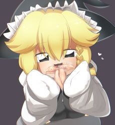 Rule 34 | 1girl, black eyes, black hat, black vest, blonde hair, blush, braid, commentary request, cookie (touhou), grey background, hair between eyes, hat, heart, highres, kirisame marisa, lets0020, long bangs, looking at viewer, multiple tongues, open mouth, saliva, short hair, simple background, single braid, sleeves past fingers, sleeves past wrists, smile, solo, touhou, upper body, vest, witch hat, yuuhi (cookie)
