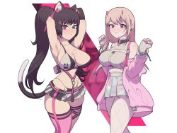 Rule 34 | 2girls, animal ears, armpits, arms behind head, arms up, asymmetrical legwear, belt, bikini, black bikini, black skirt, blue eyes, blush, breasts, cat ears, cat girl, cat tail, closed mouth, collarbone, cropped shirt, dot nose, embarrassed, feet out of frame, female focus, fingerless gloves, fishnet thighhighs, fishnets, garter straps, gloves, goddess of victory: nikke, grey gloves, grey shirt, grey skirt, hair ribbon, hands up, heterochromia, high-waist skirt, highres, jacket, jacket partially removed, large breasts, lepire, long hair, looking at viewer, lowleg, lowleg skirt, miniskirt, multicolored clothes, multicolored skirt, multiple girls, nero (nikke), open clothes, open jacket, pink background, pink belt, pink eyes, pink hair, pink jacket, pink ribbon, pink thighhighs, ribbon, shirt, simple background, skirt, sleeveless, sleeveless shirt, standing, swimsuit, tail, thick thighs, thigh strap, thighhighs, thighs, twintails, two-tone background, two-tone bikini, viper (nikke), w arms, white background, white bikini, white skirt, white thighhighs