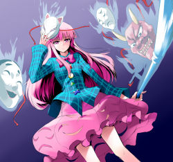 Rule 34 | 1girl, bow, bowtie, bubble skirt, closed mouth, cowboy shot, expressionless, fox mask, hata no kokoro, holding, holding weapon, karadborg, long sleeves, looking at viewer, mask, mask on head, mouth mask, naginata, noh mask, oni mask, pink bow, pink bowtie, pink eyes, pink hair, pink skirt, plaid, plaid shirt, polearm, shirt, sidelocks, skirt, solo, touhou, weapon