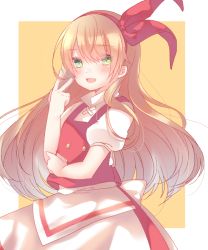 Rule 34 | 1girl, apron, back bow, blonde hair, blush, bow, buttons, cacao (cacaomgmg), collared shirt, commentary request, cowboy shot, ellen (touhou), green eyes, hair bow, hairband, highres, long hair, open mouth, puffy short sleeves, puffy sleeves, red bow, red hairband, red skirt, red vest, shirt, short sleeves, simple background, skirt, solo, touhou, touhou (pc-98), v, very long hair, vest, waist apron, white apron, white bow, white shirt, yellow background