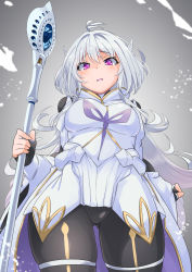 Rule 34 | 1girl, ahoge, black gloves, black pants, blush, breasts, fate/grand order, fate/prototype, fate (series), fingerless gloves, gloves, highres, holding, holding staff, long hair, long sleeves, looking at viewer, medium breasts, merlin (fate/prototype), merlin (fate/prototype) (second ascension), open mouth, pants, purple eyes, robe, staff, thighs, very long hair, white hair, white robe, wide sleeves, yuuichi (reductionblack)
