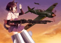Rule 34 | 1girl, 1other, a9b (louis814), absurdres, animal ears, black eyes, black hair, black shirt, blue skirt, bob cut, cloud, cloudy sky, commentary, dog ears, dog tail, flying, gradient sky, gun, hakama, hakama short skirt, hakama skirt, highres, holding, holding gun, holding weapon, japanese clothes, kuroda kunika, layered sleeves, long sleeves, looking at another, machine gun, mg42, noble witches, open mouth, orange sky, outdoors, pilot suit, pleated skirt, purple sky, roundel, shirt, short hair, short over long sleeves, short sleeves, skirt, sky, smile, striker unit, tail, twilight, waving, weapon, white shirt, world witches series