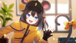 Rule 34 | 1girl, 60mai, :d, animal ears, black gloves, black hair, black headwear, blue eyes, blurry, blurry background, bow, commentary request, depth of field, fingerless gloves, gloves, hair between eyes, indie virtual youtuber, jes (virtual youtuber), light blush, looking at viewer, mouse ears, mouse tail, open mouth, plant, purple pupils, short hair, smile, solo, sweater, symbol-shaped pupils, tail, tail bow, tail ornament, teeth, triangle-shaped pupils, virtual youtuber, waving, window, yellow bow