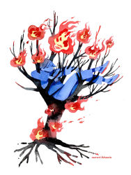 Rule 34 | 1boy, artist name, closed eyes, fire, long sleeves, male focus, maruti bitamin, no mouth, no nose, original, painting (medium), pants, shoes, short hair, simple background, solo, traditional media, tree, watercolor (medium), white background