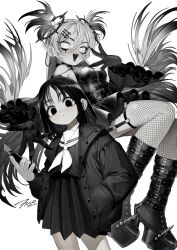 Rule 34 | 2girls, boots, boxcutter, breasts, closed mouth, detached sleeves, dress, ear piercing, fangs, fingernails, fishnet thighhighs, fishnets, frills, greyscale, hair ornament, hairclip, hand in pocket, highres, jacket, knee boots, long hair, long sleeves, looking at viewer, makeup, medium breasts, monochrome, multiple girls, neckerchief, o-ring, o-ring thigh strap, open mouth, original, piercing, pleated skirt, pointy ears, runny makeup, sailor collar, school uniform, serafuku, sharp fingernails, short hair, signature, simple background, skirt, thick eyebrows, thigh strap, thighhighs, twitter username, very long hair, wolrero