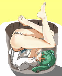 Rule 34 | 1girl, bare legs, barefoot, blush, breath, bucket, feet, fundoshi, green eyes, green hair, hair bobbles, hair ornament, in bucket, in container, japanese clothes, kisume, legs, matching hair/eyes, short hair, solo, touhou, twintails, upside-down, yaruku