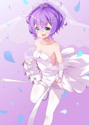Rule 34 | 1girl, :d, absurdres, aqua eyes, azur lane, bare shoulders, blurry, breasts, bridal veil, choker, cleavage, clothes lift, collarbone, commentary request, depth of field, dress, dress lift, fingerless gloves, gloves, hair between eyes, hair ornament, hairclip, highres, javelin (azur lane), javelin (blissful june bride) (azur lane), javelin (blissful purity) (azur lane), leer.meer, lifted by self, long hair, looking at viewer, medium breasts, open mouth, pantyhose, petals, ponytail, purple background, purple hair, sidelocks, simple background, smile, solo, standing, standing on one leg, strapless, strapless dress, tiara, veil, wedding dress, white dress, white gloves, white pantyhose