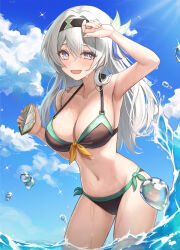 Rule 34 | 1girl, :d, arm up, armpits, bare arms, bare shoulders, bikini, black bikini, black hairband, blue sky, breasts, cleavage, cloud, cowboy shot, day, firefly (honkai: star rail), hairband, honkai: star rail, honkai (series), large breasts, long hair, looking at viewer, mookyuu9, navel, open mouth, purple eyes, sky, smile, solo, standing, stomach, swimsuit, thighs, very long hair, wading, water, white hair