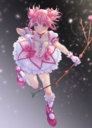 Rule 34 | 1girl, absurdres, blush, bomhat, bow, bubble skirt, choker, dress, frilled dress, frilled sleeves, frills, full body, gloves, hair ribbon, highres, kaname madoka, kneehighs, leg up, looking at viewer, magical girl, mahou shoujo madoka magica, mahou shoujo madoka magica (anime), pink eyes, pink footwear, pink hair, puffy short sleeves, puffy sleeves, ribbon, short hair, short sleeves, short twintails, skirt, smile, socks, solo, teeth, twintails, white gloves, white socks