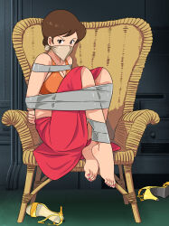 Rule 34 | absurdres, barefoot, bdsm, bondage, bound, breasts, brown eyes, brown hair, cleavage, cloth gag, gag, gagged, highres, improvised gag, lupin iii, medium breasts, mine fujiko, ost one zero, over the nose gag, tape, tape bondage
