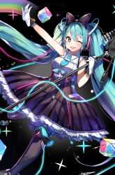 Rule 34 | 1girl, blue eyes, dr poapo, dress, gloves, green hair, hatsune miku, highres, long hair, magical mirai (vocaloid), magical mirai miku, magical mirai miku (2016), microphone, microphone stand, necktie, one eye closed, open mouth, solo, twintails, very long hair, vocaloid