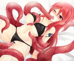 Rule 34 | 1girl, bikini, black bikini, blush, breasts, censored, covered erect nipples, erza scarlet, fairy tail, forced, long hair, navel, nipple slip, nipples, pussy, rape, red eyes, red hair, solo, swimsuit, tattoo, tentacles, vaginal, very long hair, wince