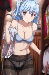 Rule 34 | 10s, 1girl, :o, bang dream!, bare arms, bare shoulders, black panties, black pantyhose, blouse, blue bra, blue hair, blurry, blurry background, blurry foreground, bra, breasts, ceiling light, cleavage, collarbone, commentary request, cowboy shot, depth of field, fine fabric emphasis, gluteal fold, groin, hair ornament, highres, indoors, jacket, large breasts, leaning forward, long hair, looking at viewer, matsubara kanon, narafume, navel, one side up, panties, panties under pantyhose, pantyhose, parted lips, purple eyes, red footwear, red jacket, shirt, unworn shirt, shoes, unworn shoes, sidelocks, solo, standing, stomach, thighband pantyhose, underwear, wardrobe, white shirt