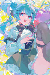 Rule 34 | 1girl, :d, absurdres, ahoge, aqua eyes, aqua hair, balloon, belt collar, black bow, black bowtie, black collar, black skirt, black thighhighs, bow, bowtie, brooch, collar, commentary, ear piercing, fang, frilled skirt, frills, hair ornament, hairclip, hatsune miku, heart, heart balloon, heart in eye, highres, hlymoriia, holding, jewelry, knees up, long hair, long sleeves, looking at viewer, open mouth, piercing, shirt, skirt, smile, solo, suspender skirt, suspenders, symbol-only commentary, symbol in eye, thigh strap, thighhighs, twintails, very long hair, vocaloid, white shirt