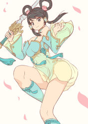 Rule 34 | 1girl, bad id, bad pixiv id, bare shoulders, black hair, blue dress, blue footwear, breasts, brown eyes, closed mouth, detached sleeves, dress, flower, hair flower, hair ornament, hair rings, hair tubes, holding, holding sword, holding weapon, jewelry, kneehighs, long hair, namco, necklace, petals, see-through, shoes, sidelocks, simple background, smile, socks, solo, soul calibur, soulcalibur, soulcalibur v, strapless, strapless dress, sword, tassel, weapon, wide sleeves, yagi2013, yan leixia