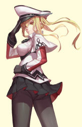 Rule 34 | 10s, 1girl, ass, black gloves, black pantyhose, blonde hair, breasts, capelet, celtic knot, female focus, gloves, graf zeppelin (kancolle), hat, highres, kantai collection, large breasts, long hair, long sleeves, looking at viewer, military hat, miniskirt, nian (zhanian), panties, panties under pantyhose, pantyhose, pleated skirt, revision, salute, shirt, skirt, solo, underwear, upskirt, wind, wind lift, yellow eyes