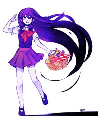 Rule 34 | 1girl, apple, arm at side, artist name, banana, basket, black hair, blush, bright pupils, collared shirt, colored skin, commentary, english commentary, food, fruit, full body, gradient hair, grapes, hair behind ear, hair between eyes, hand up, highres, holding, holding basket, k0re drawings, long hair, looking at viewer, mari (headspace) (omori), mari (omori), multicolored hair, neckerchief, omori, open mouth, orange (fruit), picnic basket, purple eyes, purple footwear, purple hair, purple skirt, red neckerchief, shadow, shirt, short sleeves, skirt, smile, solo, something (omori), spoilers, standing, standing on one leg, teeth, upper teeth only, very long hair, white background, white pupils, white shirt, white skin, wind