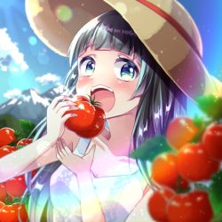 Rule 34 | 1girl, black hair, blunt bangs, blush, day, dress, flying witch, green eyes, hat, highres, kowata makoto, long hair, looking at viewer, open mouth, outdoors, solo, sun hat, tomato, urara (sumairuclover), white dress