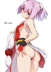 Rule 34 | 1girl, 4690 (tkpbsk), ass, blue eyes, blush, breasts, closed mouth, cosplay, fatal fury, fingerless gloves, gloves, hair between eyes, hair ribbon, kantai collection, looking back, medium breasts, name connection, one-hour drawing challenge, panties, pelvic curtain, pink hair, ponytail, red gloves, red panties, ribbon, rope, shiranui (kancolle), shiranui mai, shiranui mai (cosplay), sideboob, simple background, solo, the king of fighters, thong, twitter username, underwear, white background, white ribbon