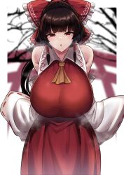 Rule 34 | 1girl, :o, ascot, bare shoulders, bow, breasts, brown hair, collared shirt, corrupted twitter file, detached sleeves, frilled bow, frilled hair tubes, frilled shirt collar, frills, hair bow, hair tubes, hakama, hakama skirt, hakurei reimu, highres, huge breasts, japanese clothes, medium hair, ponytail, red bow, red eyes, red hakama, red shirt, red skirt, ribbon-trimmed sleeves, ribbon trim, shirt, sidelocks, sinkai, skirt, skirt set, sleeveless, sleeveless shirt, solo, torii, touhou, white sleeves, wide sleeves, yellow ascot
