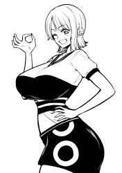 Rule 34 | 1girl, breasts, collarbone, commentary request, cowboy shot, curvy, grey background, grin, hand gesture, hand on own hip, hand up, huge breasts, kanno takanori, large breasts, light blush, looking at viewer, miniskirt, money gesture, monochrome, nami (one piece), one eye closed, one piece, shirt, short hair, short sleeves, single sidelock, skirt, smile, solo, teeth, white background
